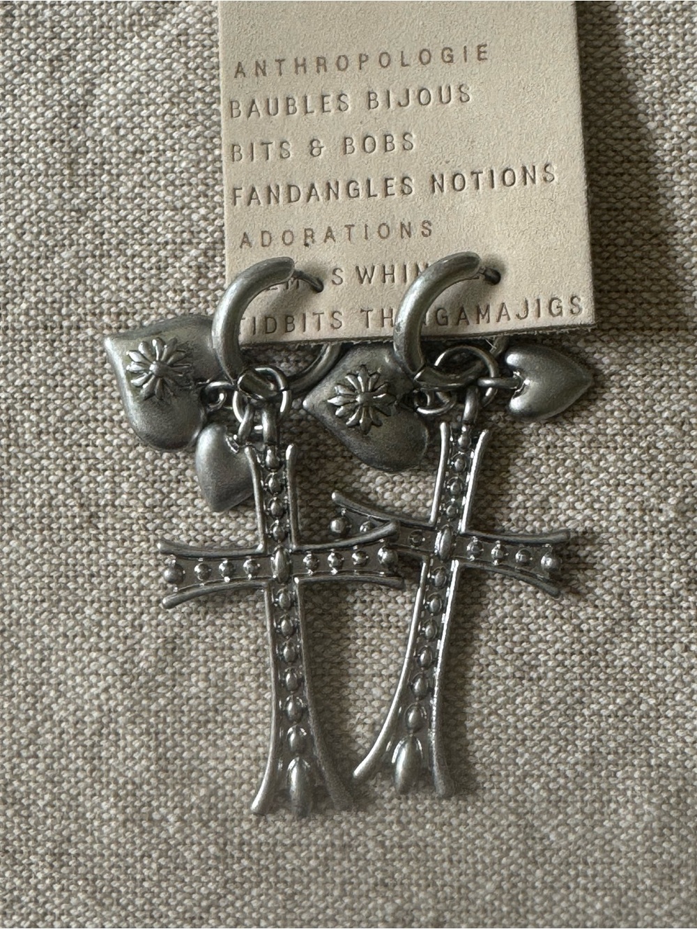 Anthropologie Antique Silver Cross & Heart Charm Hoop Earrings